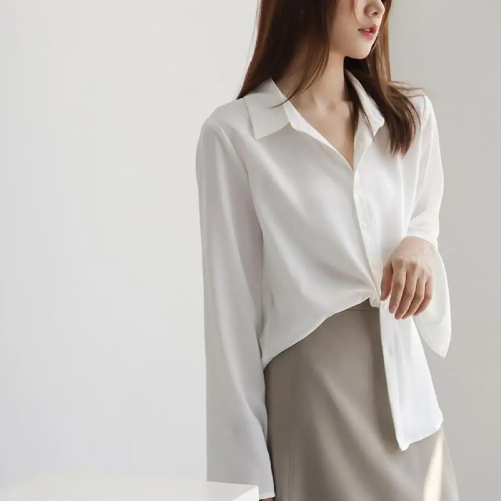 Women Chiffon Blouse Fashion Solid Long Flare Sleeve OL Office Lady Work Top Shirts V-neck White Shirt Elegant Female Clothes