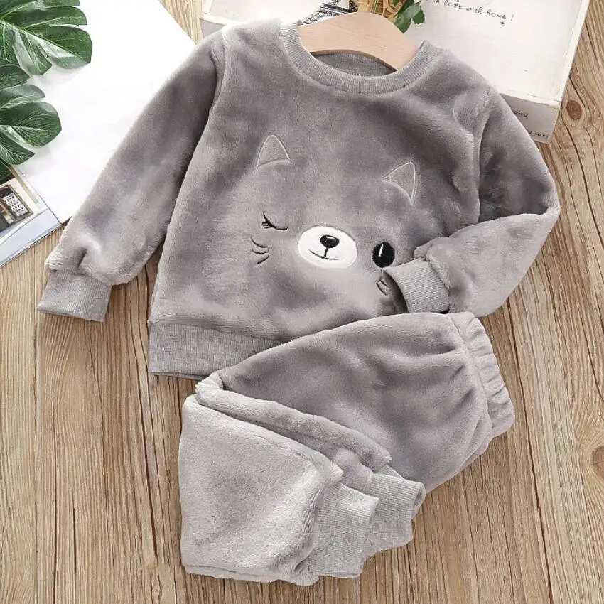 1-4Y Boys Pantsuit Plus Velvet Flannel Family Outfit Child Winter Warm Sleepwear Suit Girls Thick Coral Fleece Pajama Sets 2Pcs