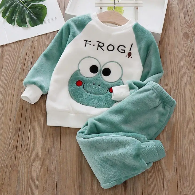 1-4Y Boys Pantsuit Plus Velvet Flannel Family Outfit Child Winter Warm Sleepwear Suit Girls Thick Coral Fleece Pajama Sets 2Pcs