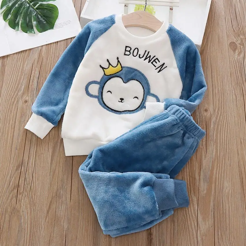 1-4Y Boys Pantsuit Plus Velvet Flannel Family Outfit Child Winter Warm Sleepwear Suit Girls Thick Coral Fleece Pajama Sets 2Pcs
