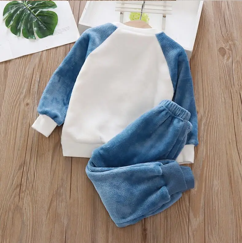 1-4Y Boys Pantsuit Plus Velvet Flannel Family Outfit Child Winter Warm Sleepwear Suit Girls Thick Coral Fleece Pajama Sets 2Pcs