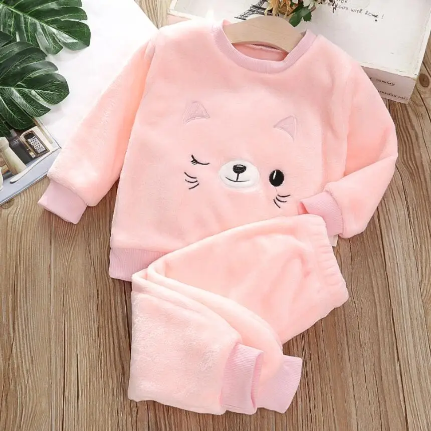 1-4Y Boys Pantsuit Plus Velvet Flannel Family Outfit Child Winter Warm Sleepwear Suit Girls Thick Coral Fleece Pajama Sets 2Pcs