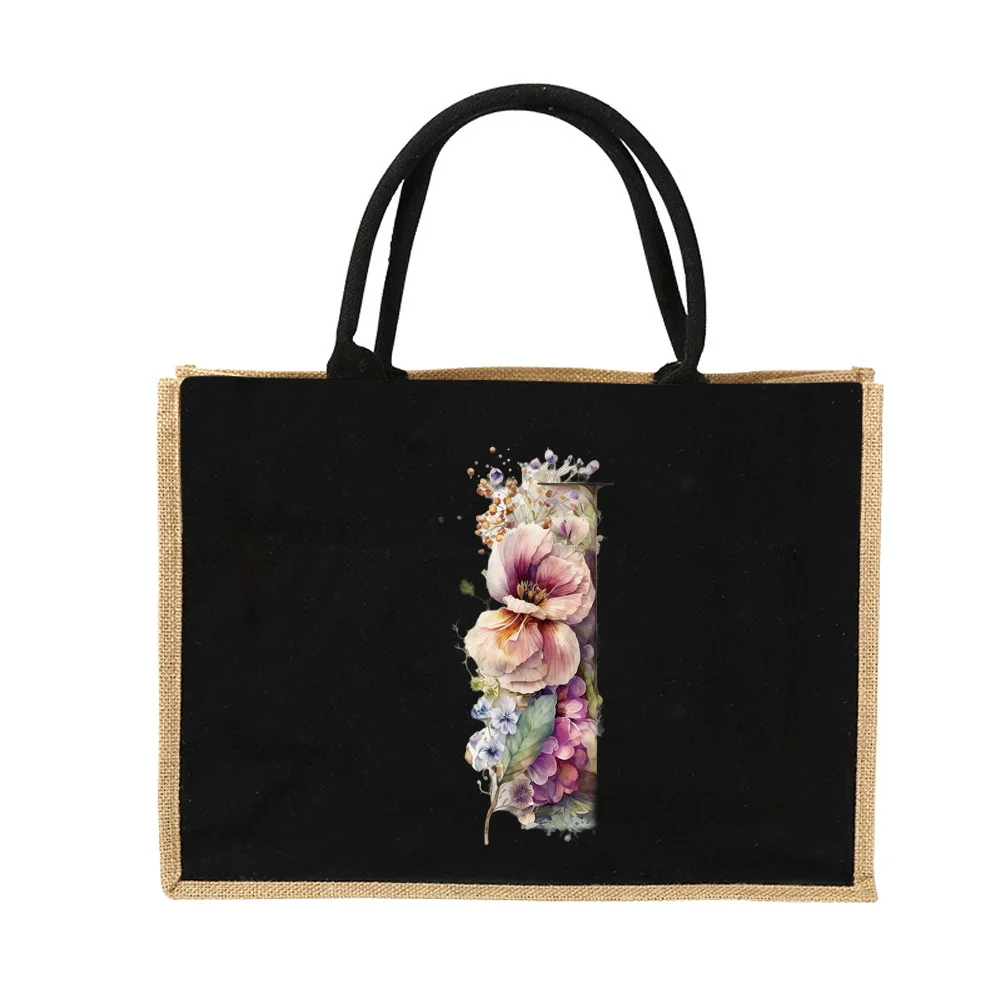 New Environmental Protection Gunny Bag Linen Shoulder Bag Floral Lettered Print Pattern Jute Imitation Sack Women's Shopping Bag