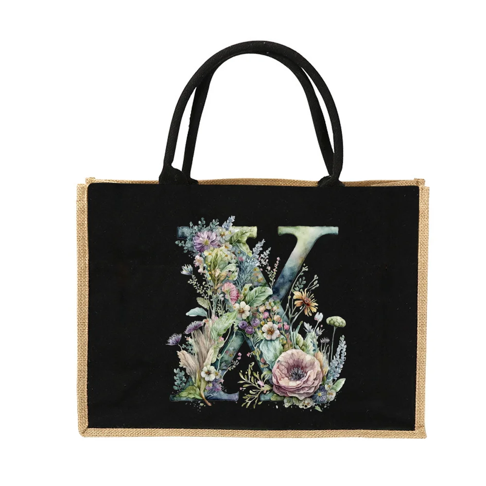 New Environmental Protection Gunny Bag Linen Shoulder Bag Floral Lettered Print Pattern Jute Imitation Sack Women's Shopping Bag