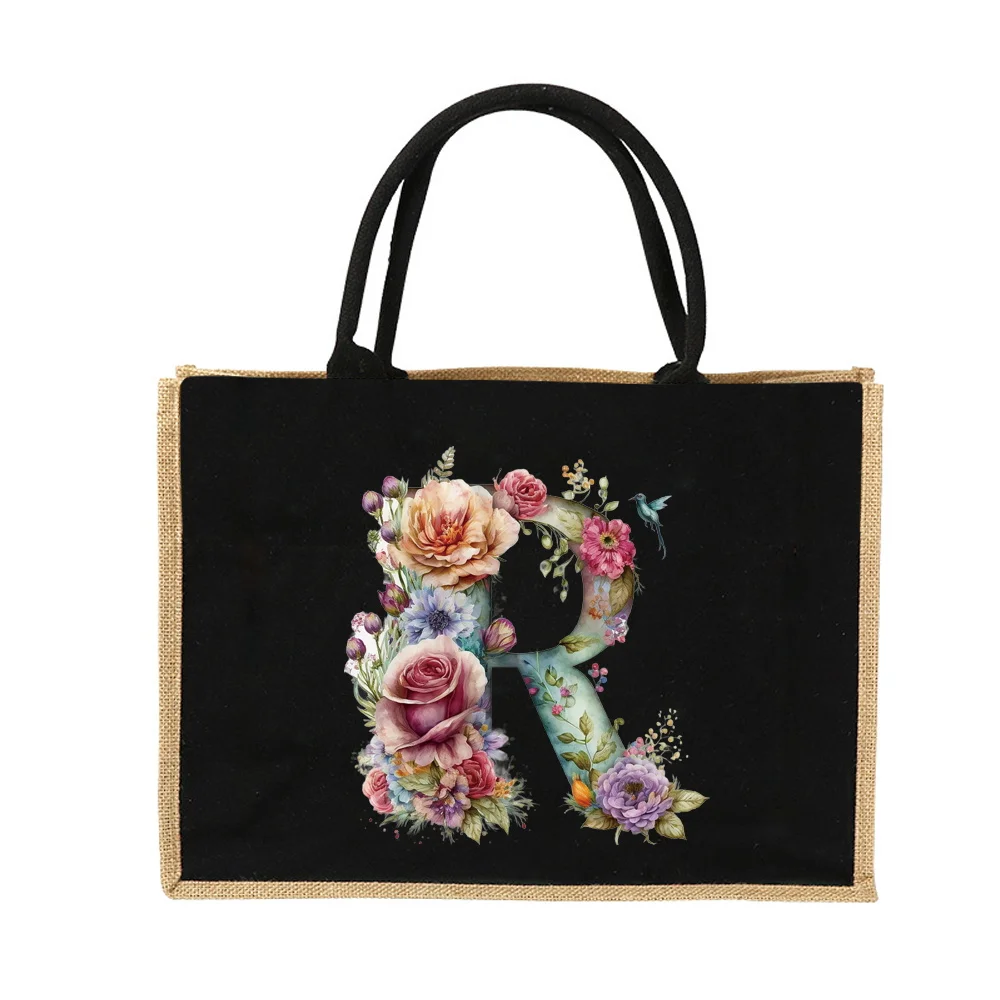 New Environmental Protection Gunny Bag Linen Shoulder Bag Floral Lettered Print Pattern Jute Imitation Sack Women's Shopping Bag