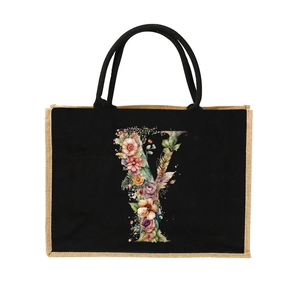 New Environmental Protection Gunny Bag Linen Shoulder Bag Floral Lettered Print Pattern Jute Imitation Sack Women's Shopping Bag