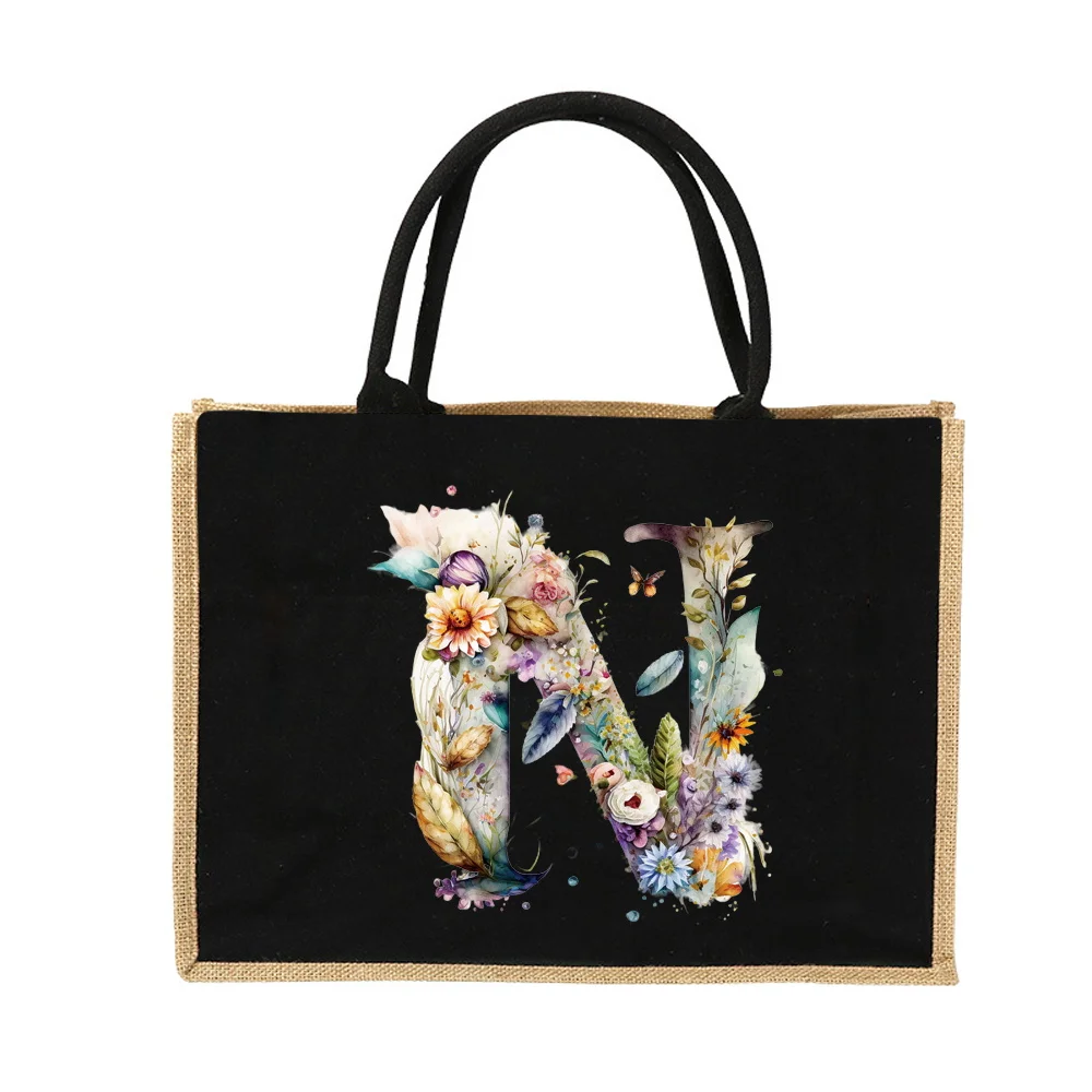 New Environmental Protection Gunny Bag Linen Shoulder Bag Floral Lettered Print Pattern Jute Imitation Sack Women's Shopping Bag