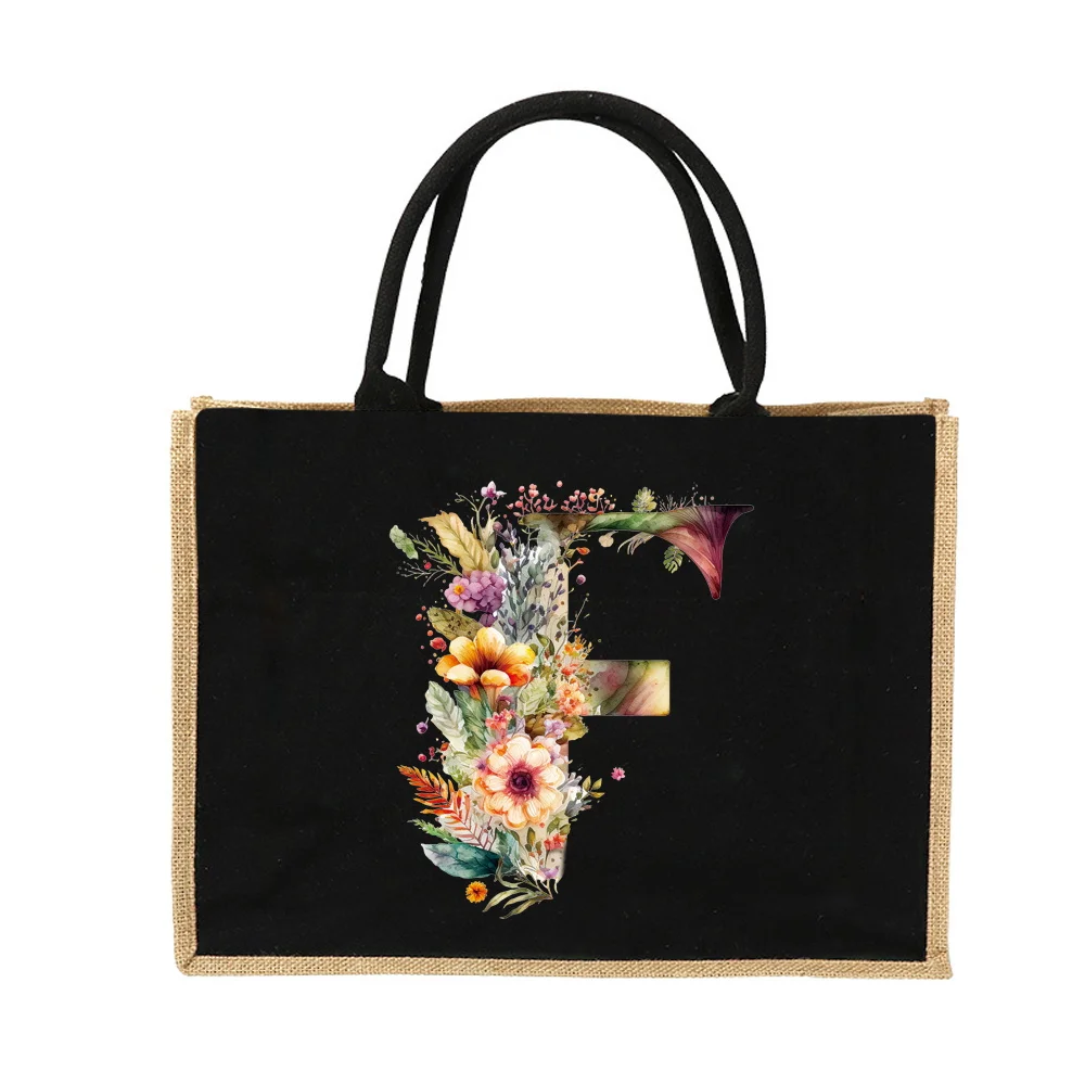 New Environmental Protection Gunny Bag Linen Shoulder Bag Floral Lettered Print Pattern Jute Imitation Sack Women's Shopping Bag