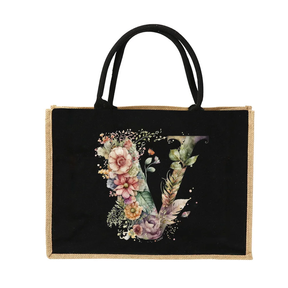 New Environmental Protection Gunny Bag Linen Shoulder Bag Floral Lettered Print Pattern Jute Imitation Sack Women's Shopping Bag