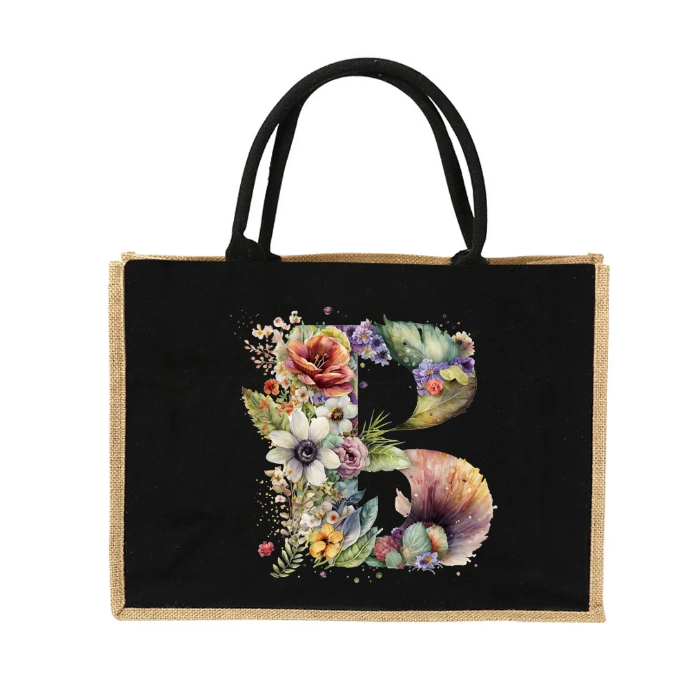 New Environmental Protection Gunny Bag Linen Shoulder Bag Floral Lettered Print Pattern Jute Imitation Sack Women's Shopping Bag