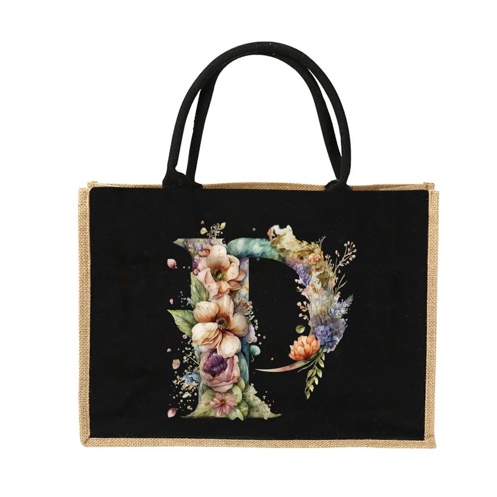 New Environmental Protection Gunny Bag Linen Shoulder Bag Floral Lettered Print Pattern Jute Imitation Sack Women's Shopping Bag