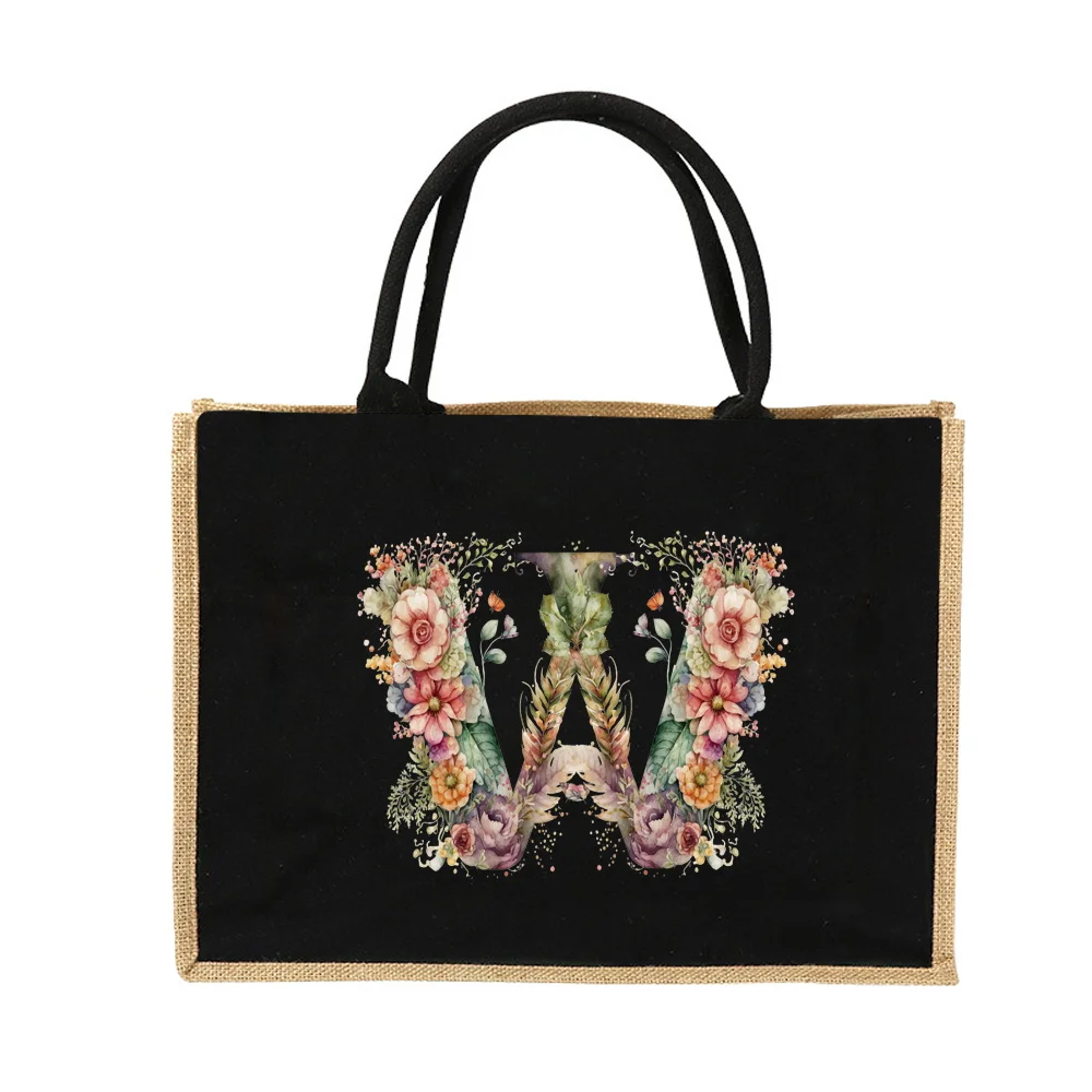 New Environmental Protection Gunny Bag Linen Shoulder Bag Floral Lettered Print Pattern Jute Imitation Sack Women's Shopping Bag