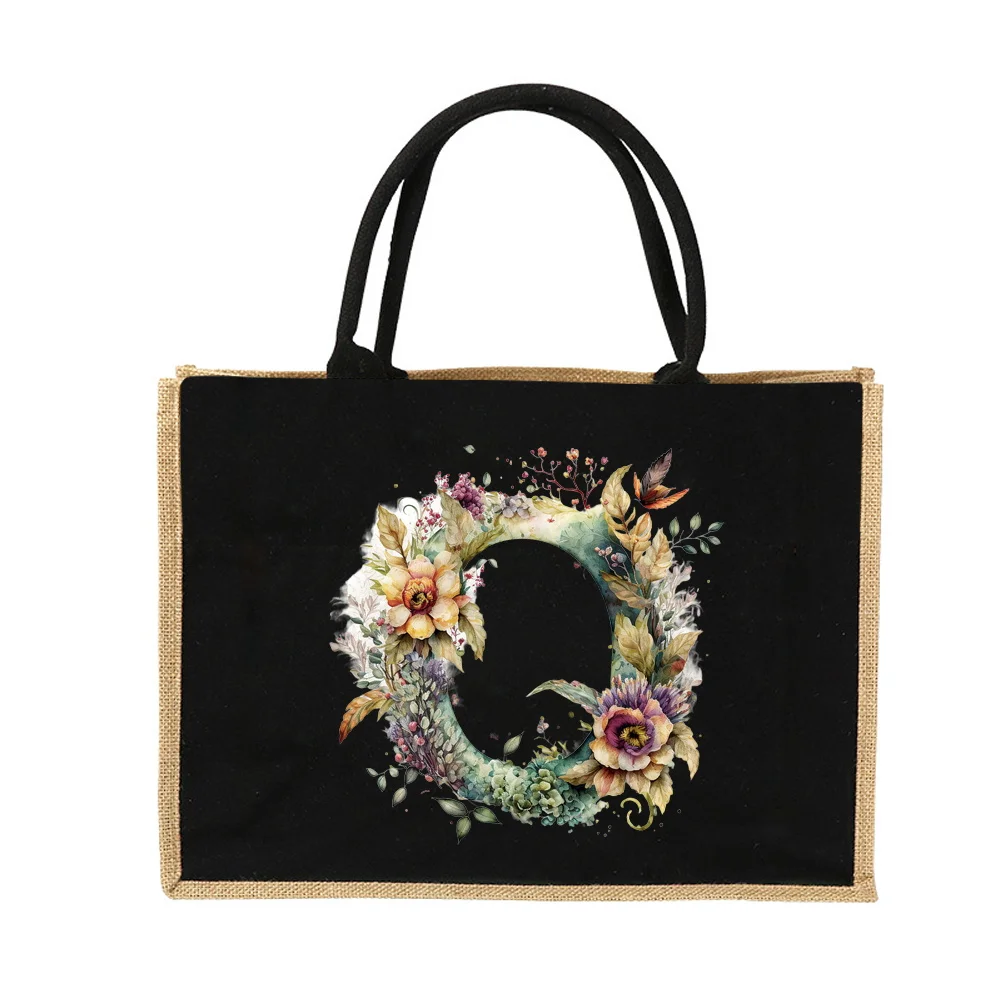 New Environmental Protection Gunny Bag Linen Shoulder Bag Floral Lettered Print Pattern Jute Imitation Sack Women's Shopping Bag