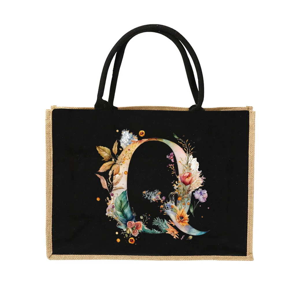 New Environmental Protection Gunny Bag Linen Shoulder Bag Floral Lettered Print Pattern Jute Imitation Sack Women's Shopping Bag