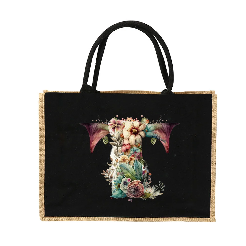 New Environmental Protection Gunny Bag Linen Shoulder Bag Floral Lettered Print Pattern Jute Imitation Sack Women's Shopping Bag