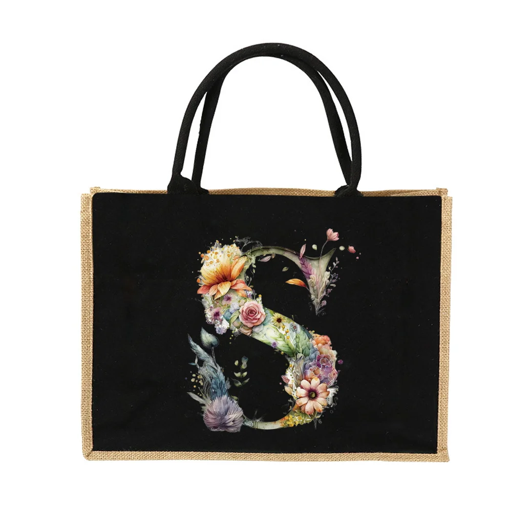 New Environmental Protection Gunny Bag Linen Shoulder Bag Floral Lettered Print Pattern Jute Imitation Sack Women's Shopping Bag