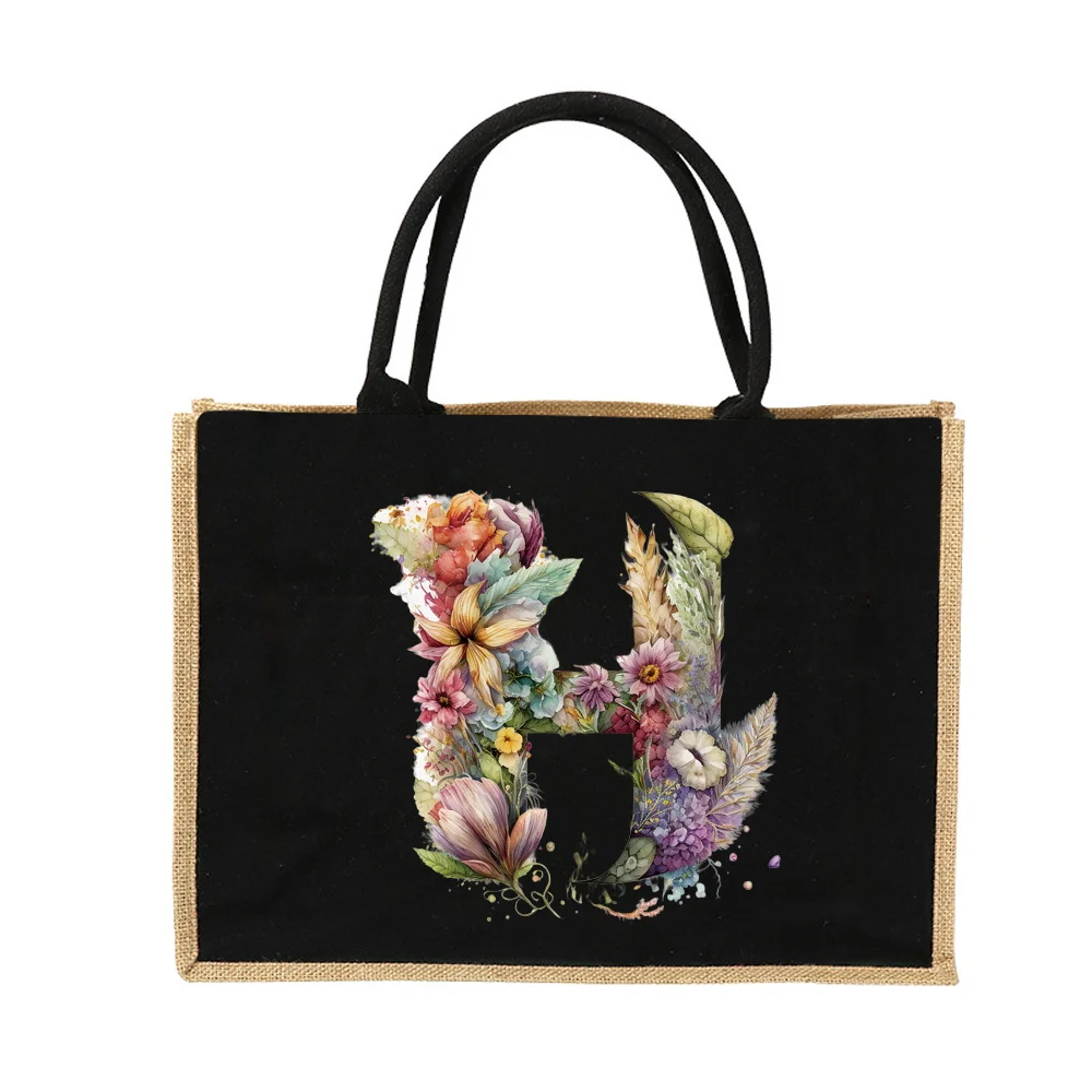 New Environmental Protection Gunny Bag Linen Shoulder Bag Floral Lettered Print Pattern Jute Imitation Sack Women's Shopping Bag