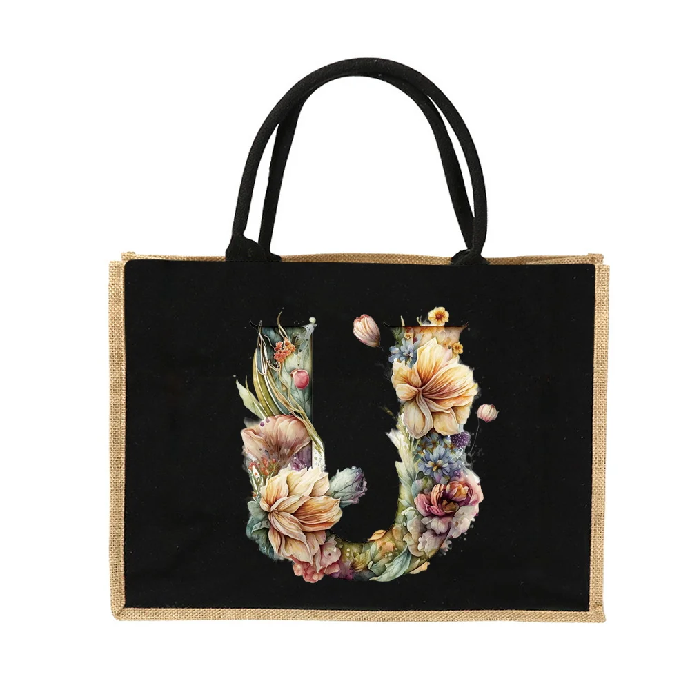 New Environmental Protection Gunny Bag Linen Shoulder Bag Floral Lettered Print Pattern Jute Imitation Sack Women's Shopping Bag