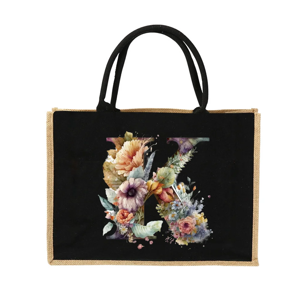 New Environmental Protection Gunny Bag Linen Shoulder Bag Floral Lettered Print Pattern Jute Imitation Sack Women's Shopping Bag