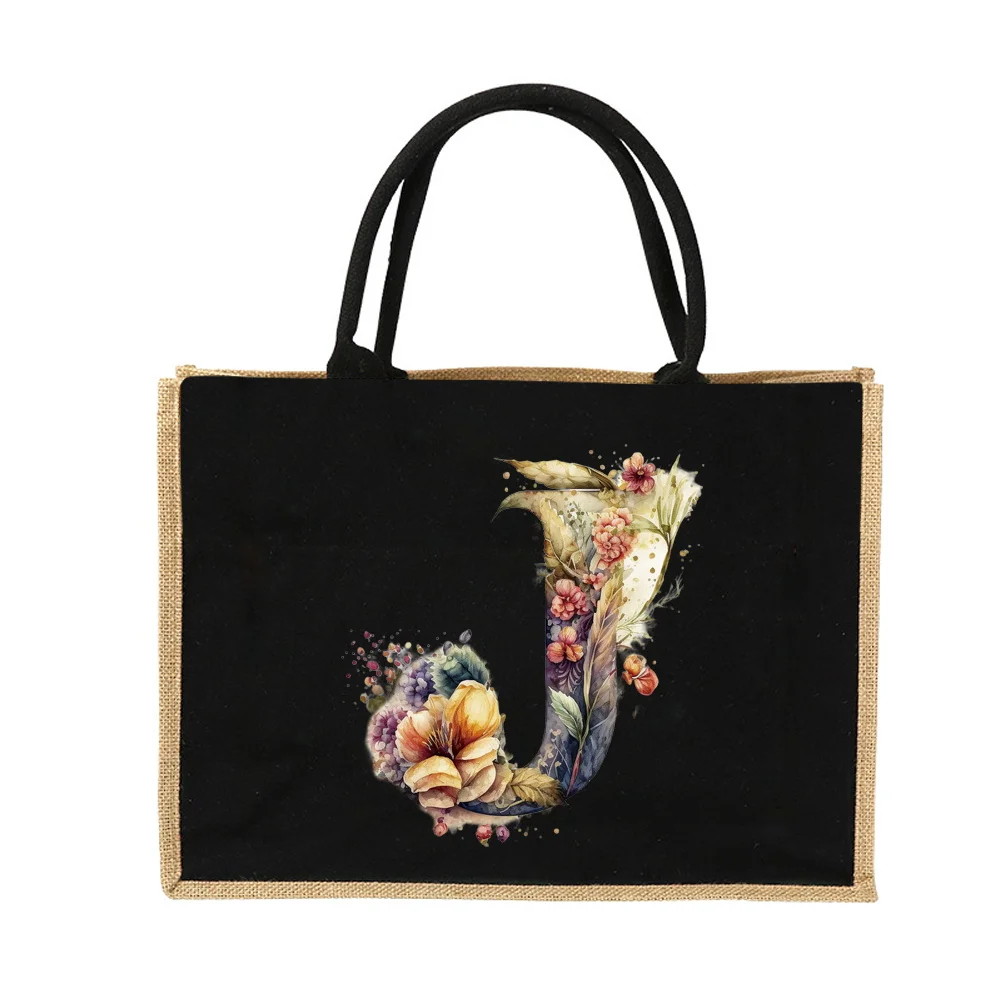 New Environmental Protection Gunny Bag Linen Shoulder Bag Floral Lettered Print Pattern Jute Imitation Sack Women's Shopping Bag