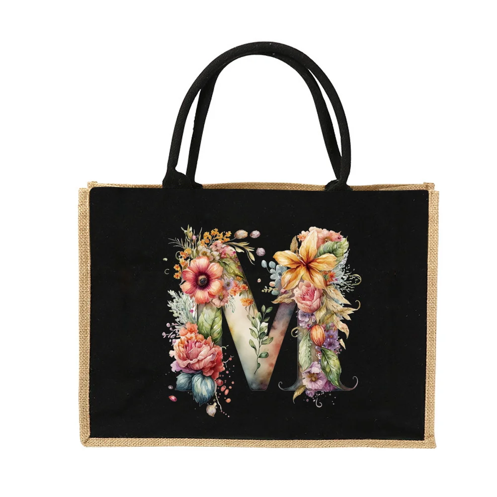 New Environmental Protection Gunny Bag Linen Shoulder Bag Floral Lettered Print Pattern Jute Imitation Sack Women's Shopping Bag