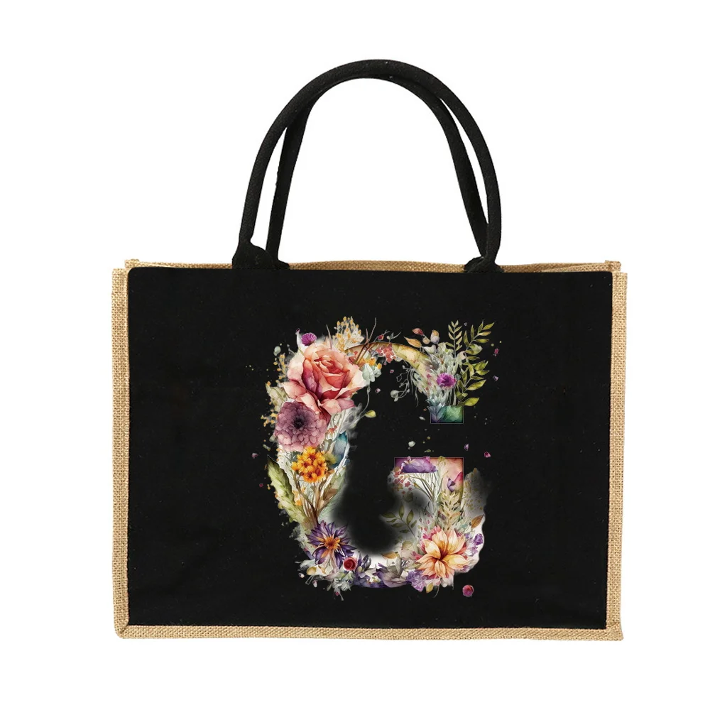 New Environmental Protection Gunny Bag Linen Shoulder Bag Floral Lettered Print Pattern Jute Imitation Sack Women's Shopping Bag