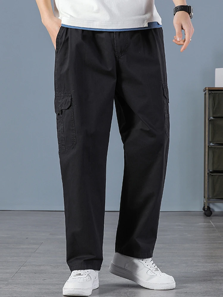 Men's 100% Cotton Straight Black Joggers Male Pants Outdoor Overalls Cargo Pants Fashion Streetwear Pocke
