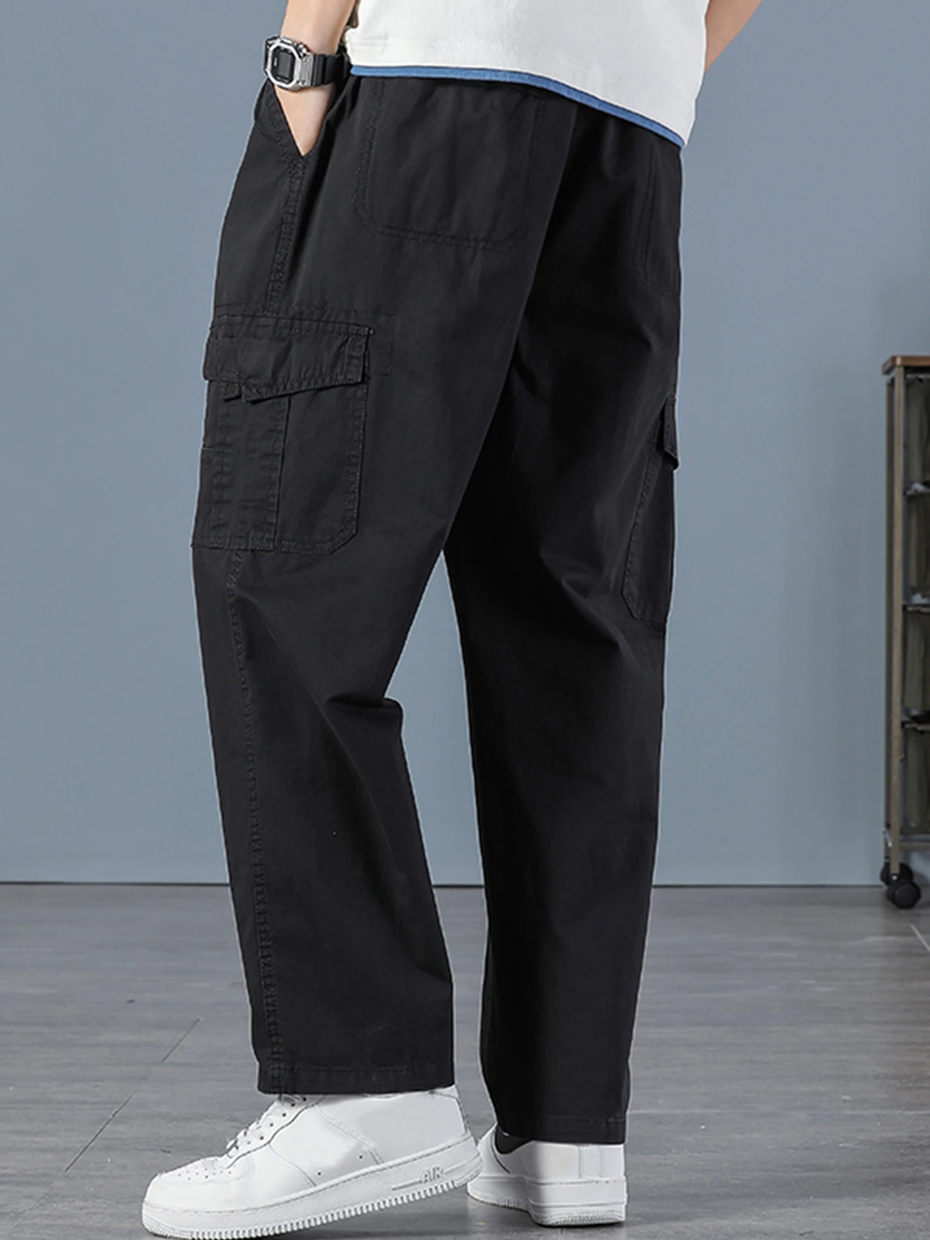 Men's 100% Cotton Straight Black Joggers Male Pants Outdoor Overalls Cargo Pants Fashion Streetwear Pocke