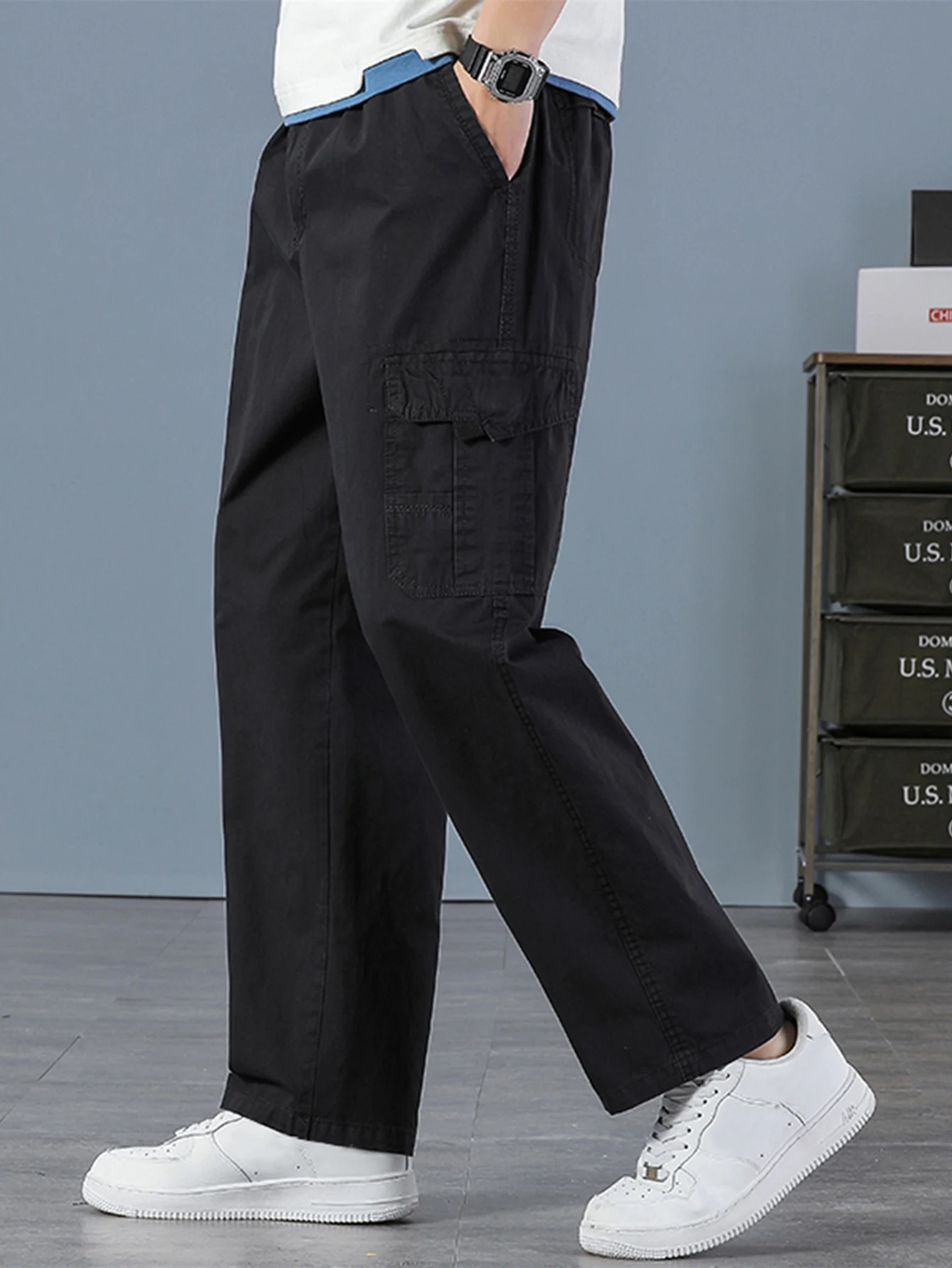 Men's 100% Cotton Straight Black Joggers Male Pants Outdoor Overalls Cargo Pants Fashion Streetwear Pocke