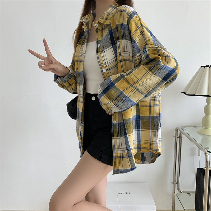 Women Tartan Shirt Long Sleeve Collared Button Up Oversized Plaid Shirt Jacket Grunge Fashion Teenage Girl Spring Summer Outfit