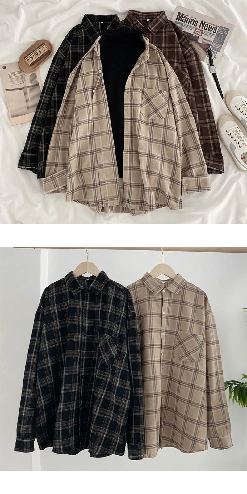 Vintage Plaid Shirts Women Autumn Long Sleeve Oversize Button Up Shirt Korean Fashion Casual Fall Outwear Tops Blusas Mujer