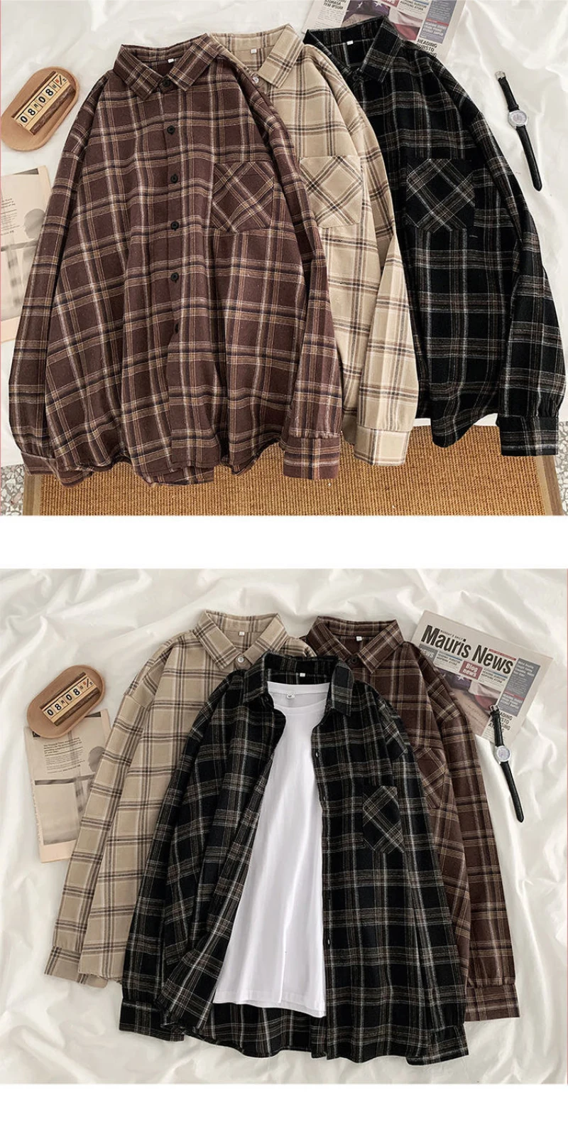 Vintage Plaid Shirts Women Autumn Long Sleeve Oversize Button Up Shirt Korean Fashion Casual Fall Outwear Tops Blusas Mujer