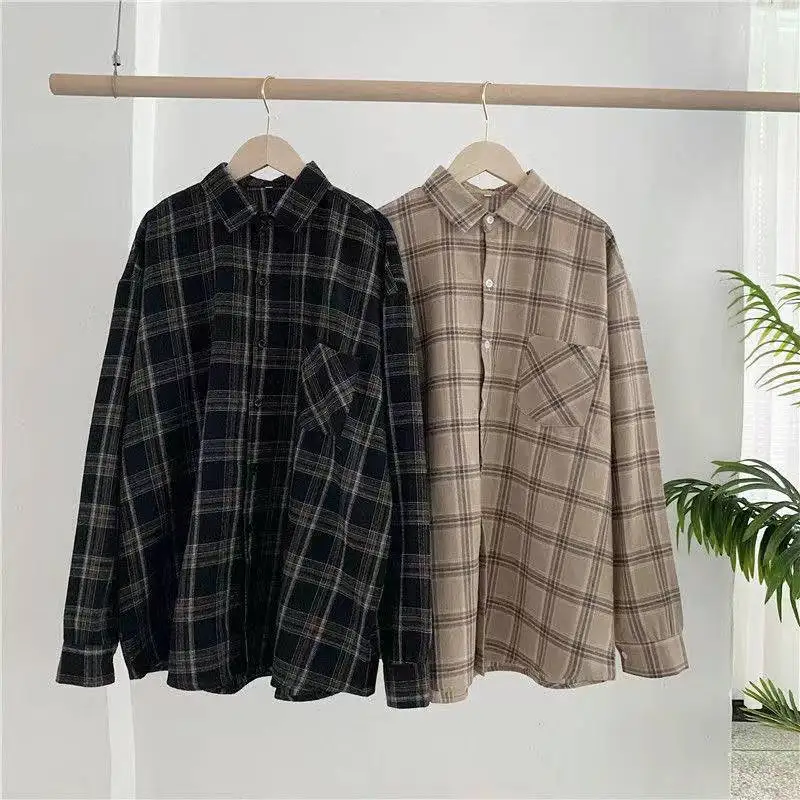 Vintage Plaid Shirts Women Autumn Long Sleeve Oversize Button Up Shirt Korean Fashion Casual Fall Outwear Tops Blusas Mujer
