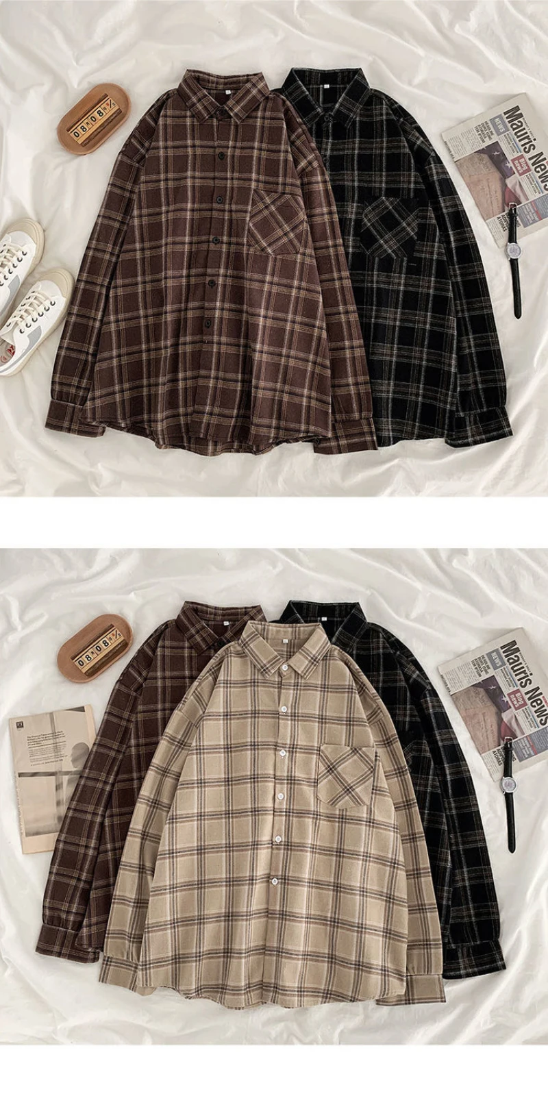 Vintage Plaid Shirts Women Autumn Long Sleeve Oversize Button Up Shirt Korean Fashion Casual Fall Outwear Tops Blusas Mujer