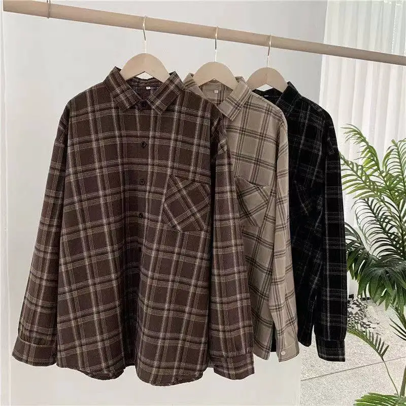 Vintage Plaid Shirts Women Autumn Long Sleeve Oversize Button Up Shirt Korean Fashion Casual Fall Outwear Tops Blusas Mujer