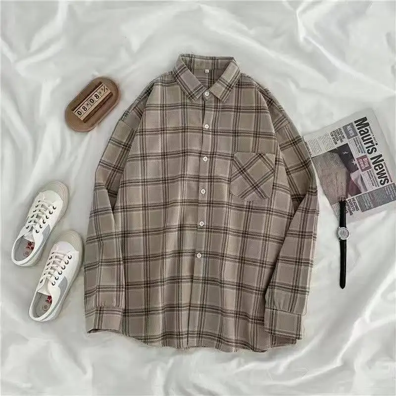 Vintage Plaid Shirts Women Autumn Long Sleeve Oversize Button Up Shirt Korean Fashion Casual Fall Outwear Tops Blusas Mujer