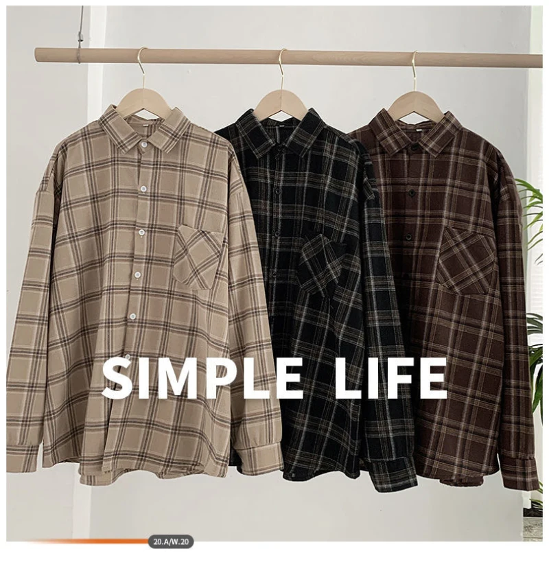 Vintage Plaid Shirts Women Autumn Long Sleeve Oversize Button Up Shirt Korean Fashion Casual Fall Outwear Tops Blusas Mujer