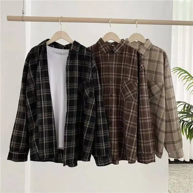 Vintage Plaid Shirts Women Autumn Long Sleeve Oversize Button Up Shirt Korean Fashion Casual Fall Outwear Tops Blusas Mujer