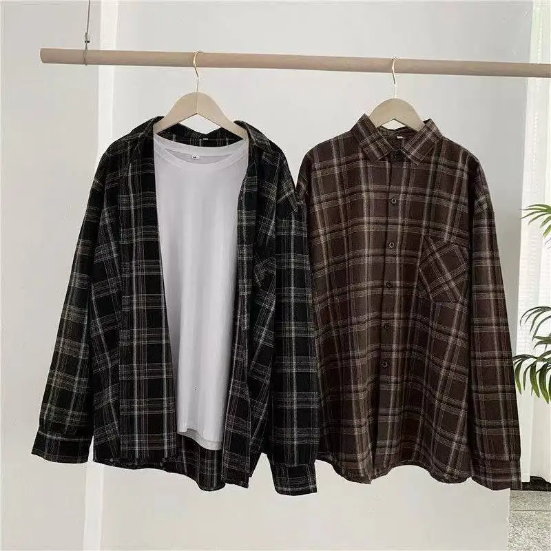 Vintage Plaid Shirts Women Autumn Long Sleeve Oversize Button Up Shirt Korean Fashion Casual Fall Outwear Tops Blusas Mujer