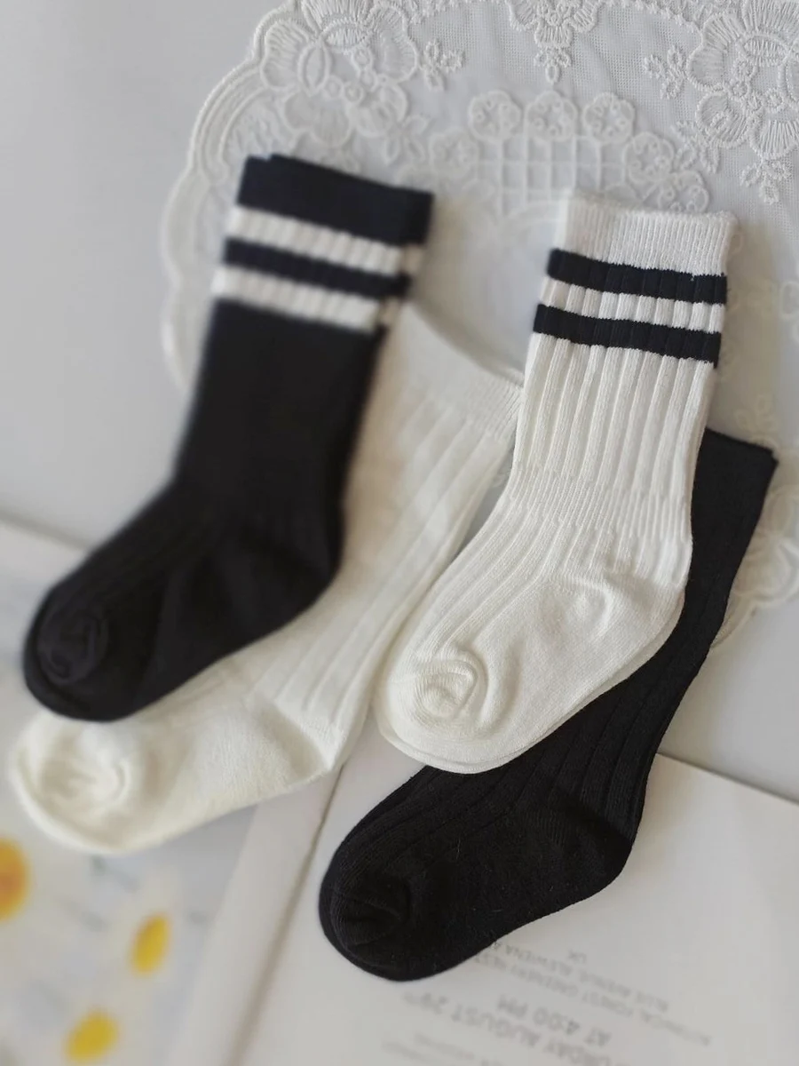 3 Pairs/lot Children's Long Tube Student Cotton Socks Spring Autumn Girls and Boys Black and White Sports School Uniform Socks
