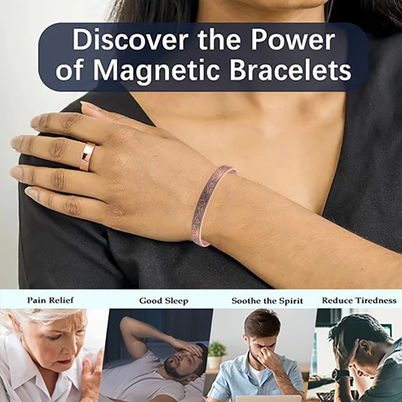 Magnetic Pure Copper Bracelet for Women Vintage Flower Energy Cuff Bangle Adjustable Jewelry Gift