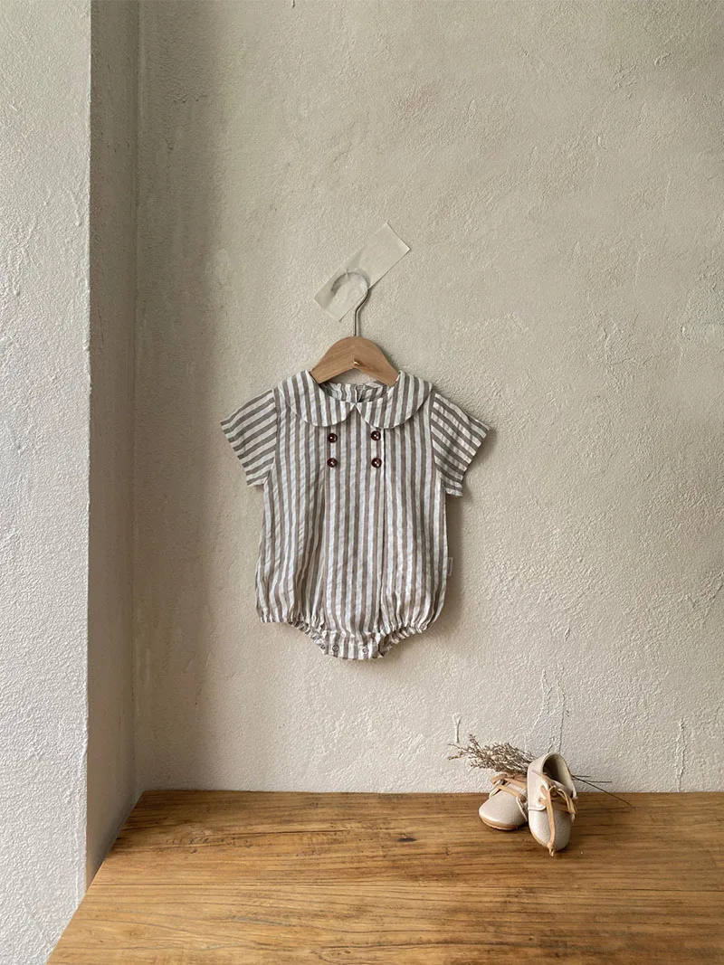 Summer Cotton Toddler Bodysuit Stripe Thin Toddler One Peice Loose Turndown Collar Infant Onesie Newborn Clothing