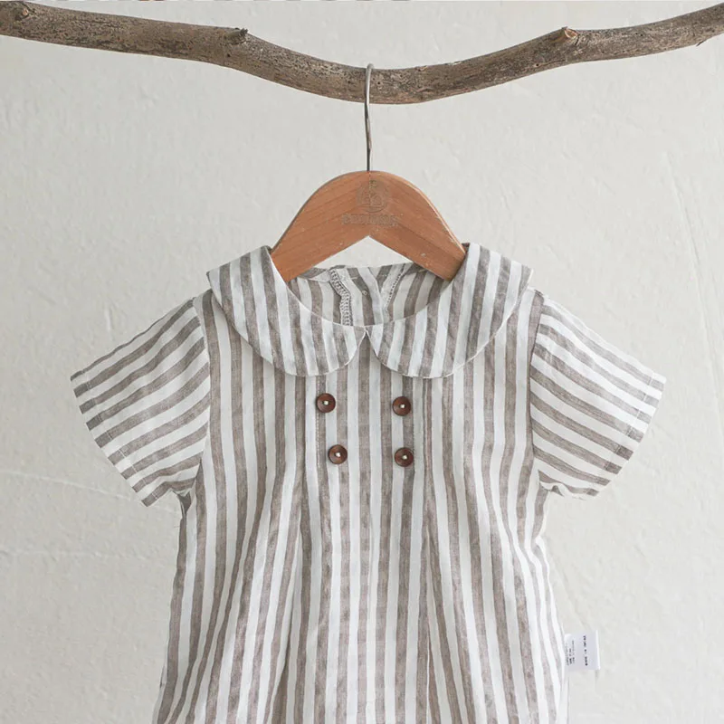 Summer Cotton Toddler Bodysuit Stripe Thin Toddler One Peice Loose Turndown Collar Infant Onesie Newborn Clothing