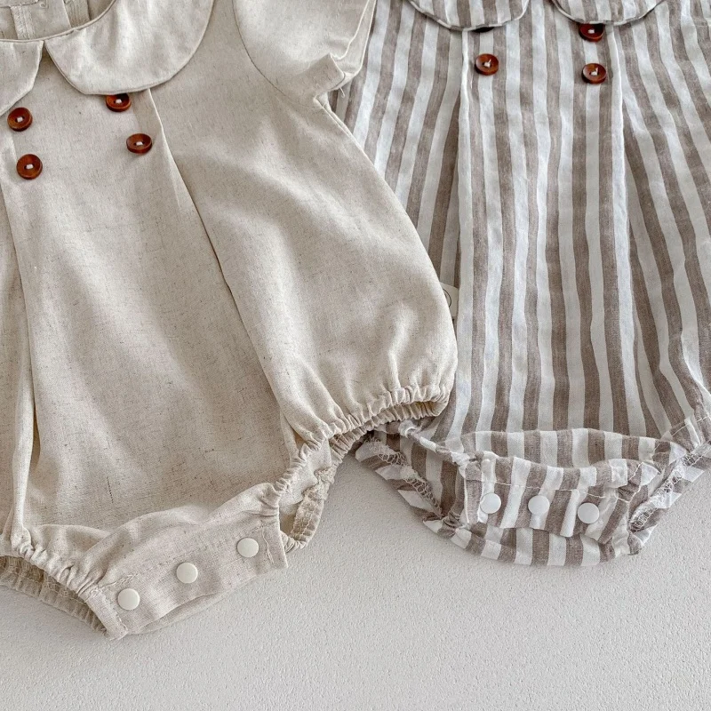 Summer Cotton Toddler Bodysuit Stripe Thin Toddler One Peice Loose Turndown Collar Infant Onesie Newborn Clothing