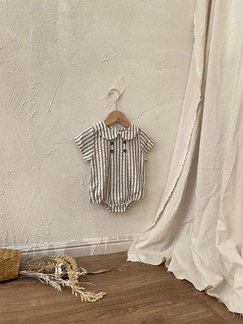 Summer Cotton Toddler Bodysuit Stripe Thin Toddler One Peice Loose Turndown Collar Infant Onesie Newborn Clothing