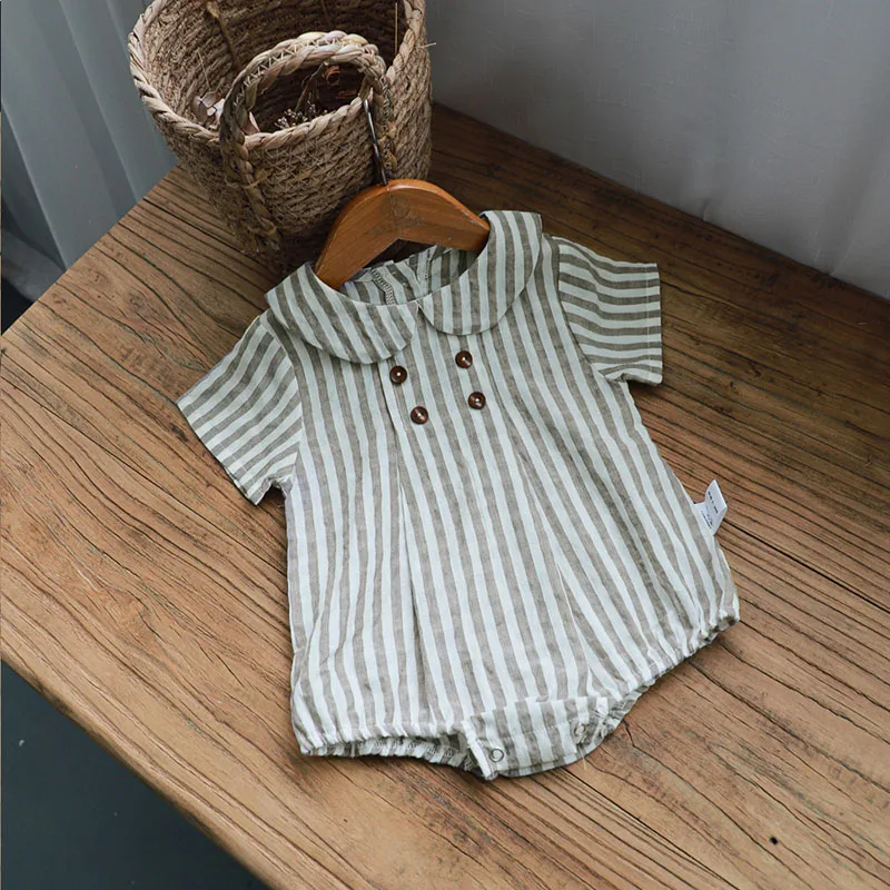 Summer Cotton Toddler Bodysuit Stripe Thin Toddler One Peice Loose Turndown Collar Infant Onesie Newborn Clothing