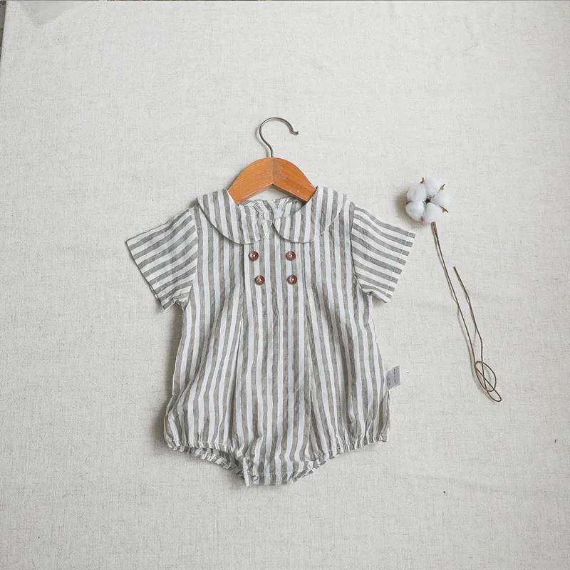 Summer Cotton Toddler Bodysuit Stripe Thin Toddler One Peice Loose Turndown Collar Infant Onesie Newborn Clothing