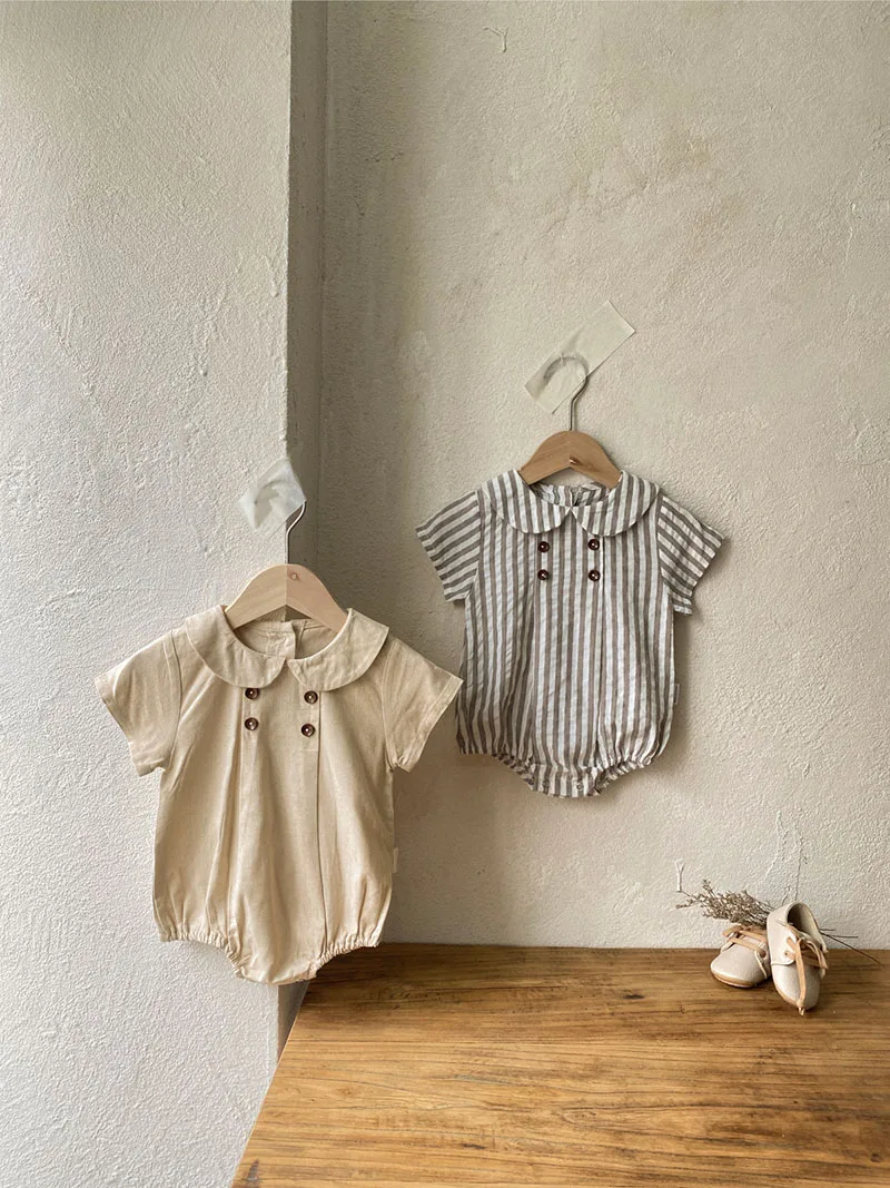 Summer Cotton Toddler Bodysuit Stripe Thin Toddler One Peice Loose Turndown Collar Infant Onesie Newborn Clothing