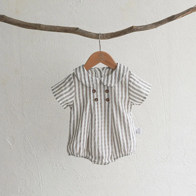 Summer Cotton Toddler Bodysuit Stripe Thin Toddler One Peice Loose Turndown Collar Infant Onesie Newborn Clothing