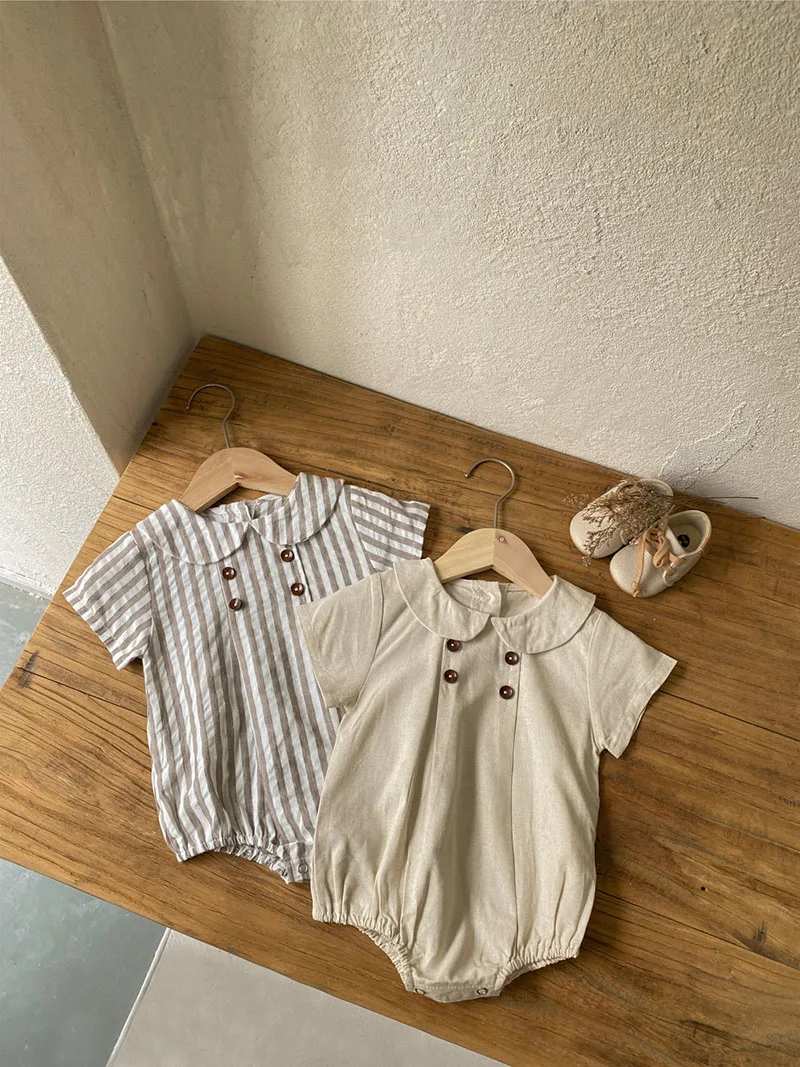 Summer Cotton Toddler Bodysuit Stripe Thin Toddler One Peice Loose Turndown Collar Infant Onesie Newborn Clothing